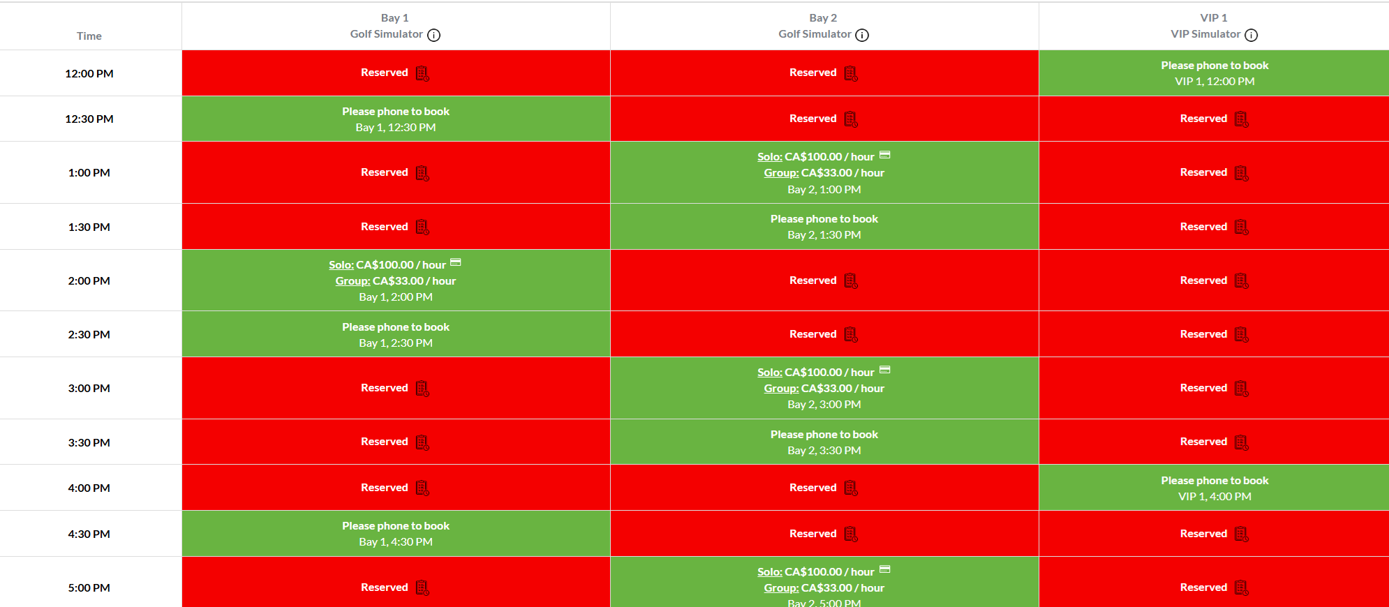 GolfBooking system snapshot: Customer tee sheet